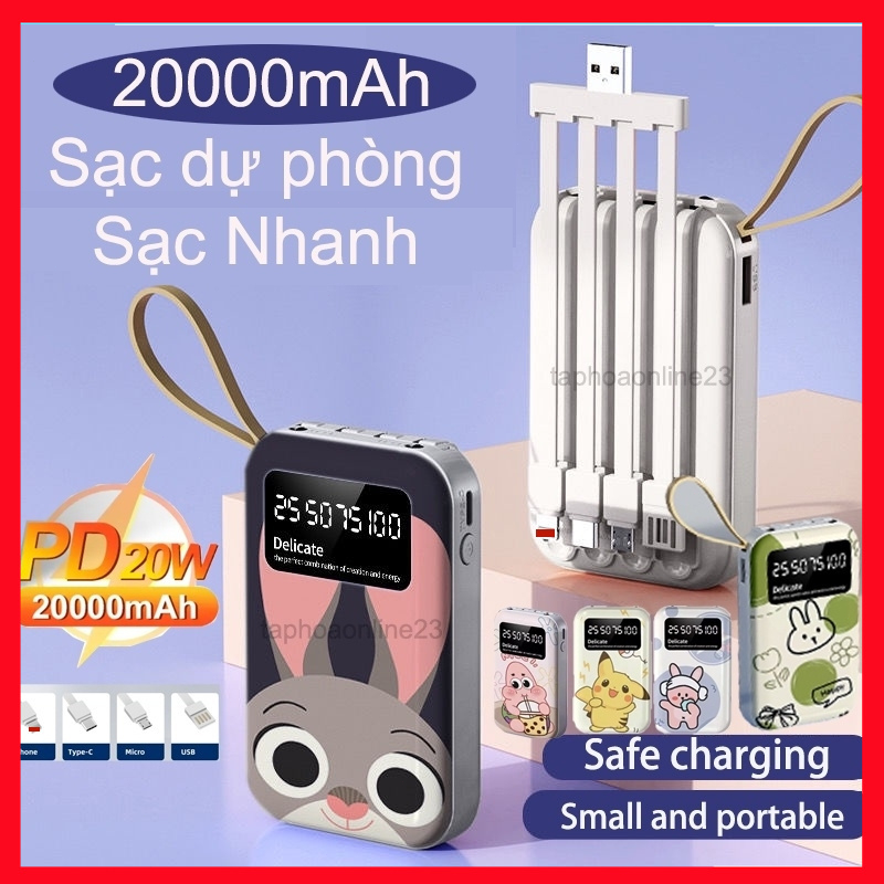 Sạc dự phòng mini 20000mAh có sạc dự phòng 4 dây, tương thích với mọi dòng điện thoại