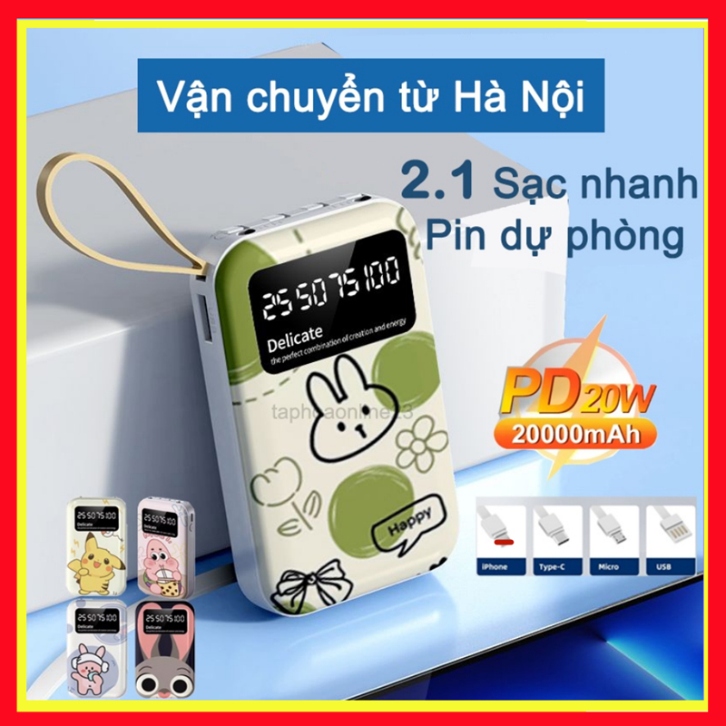 Sạc dự phòng mini 20000mAh có sạc dự phòng 4 dây, tương thích với mọi dòng điện thoại