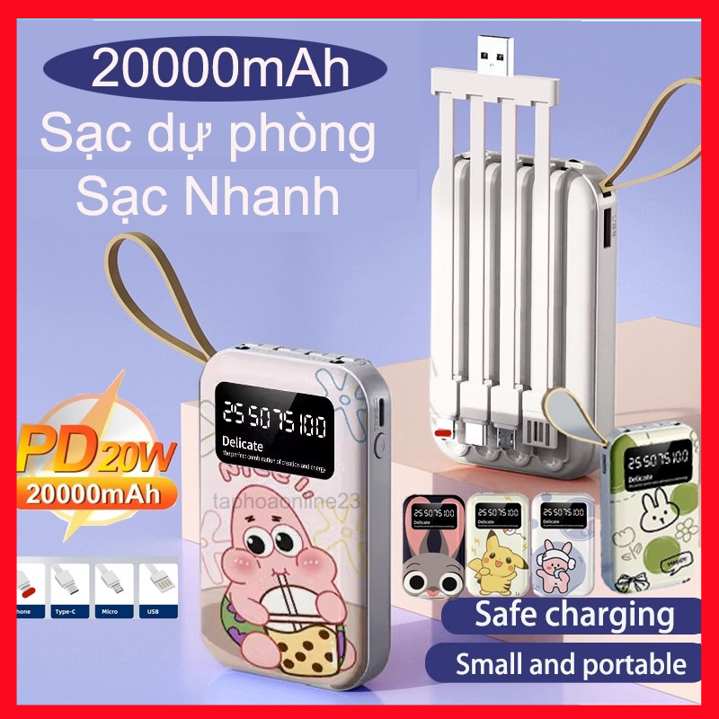 Sạc dự phòng mini 20000mAh có sạc dự phòng 4 dây, tương thích với mọi dòng điện thoại