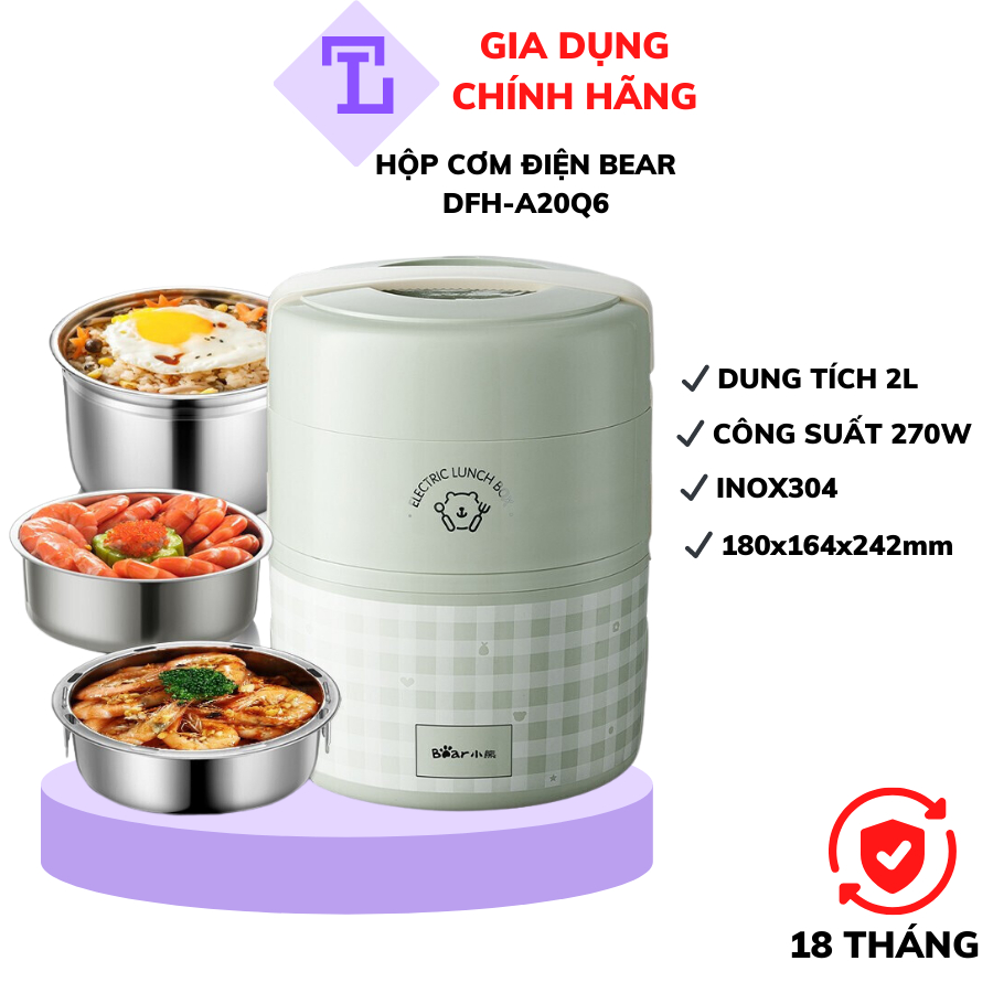 Hộp Cơm Điện Mini 3 Ngăn Văn Phòng Cầm Tay Bear DFH A20Q6, 2L, CS 270W, Hâm Nóng, Giữ Nhiệt, Nấu Chín, Chính Hãng,BH 18T