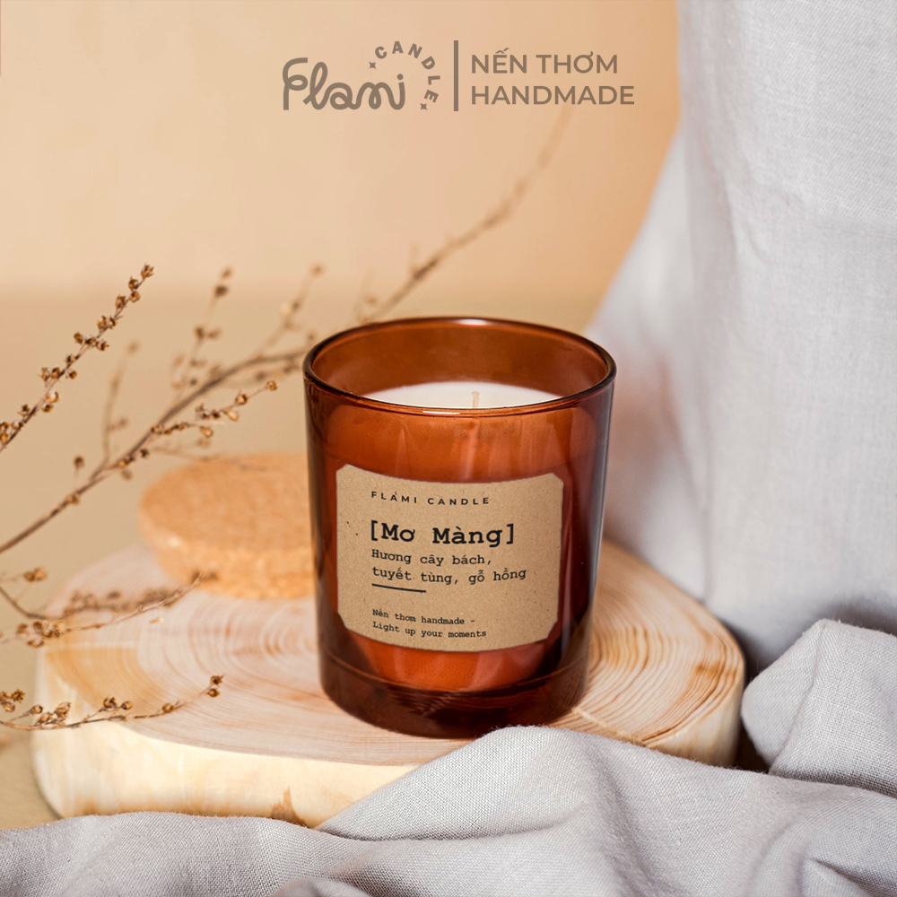 Nến thơm hương gỗ MƠ MÀNG cốc thủy tinh cao cấp Flami trang trí thư giãn
