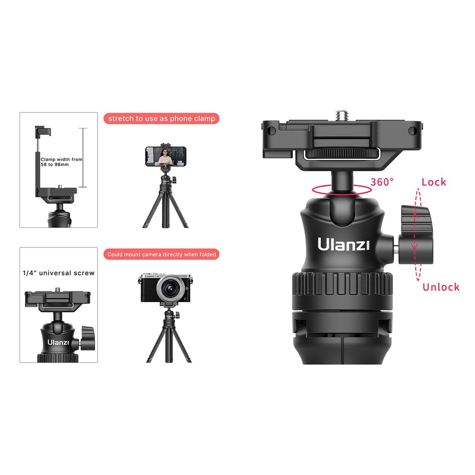ULANZI MT-34 - HÀNG CHÍNH HÃNG - Chân Tripod tích hợp ngàm kẹp điện thoại, ballhead xoay 360°