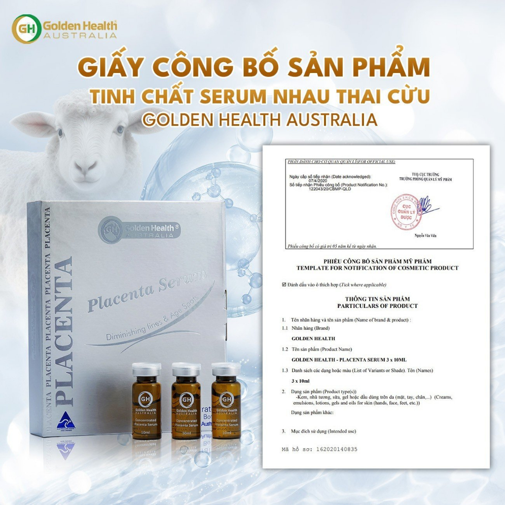 [GOLDEN HEALTH] Serum placenta nhau thai cừu loại bỏ nám, tàn nhang và trắng da - Hộp 3 lọ