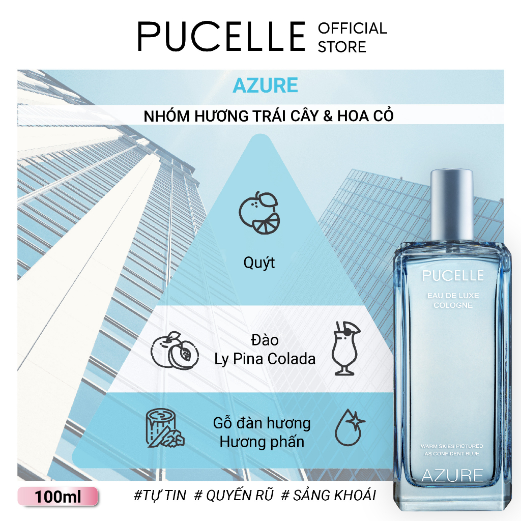 Nước hoa tươi mát thanh lịch PUCELLE Eau De Luxe Cologne Azure 100ml hương Trái Cây và Hoa Cỏ