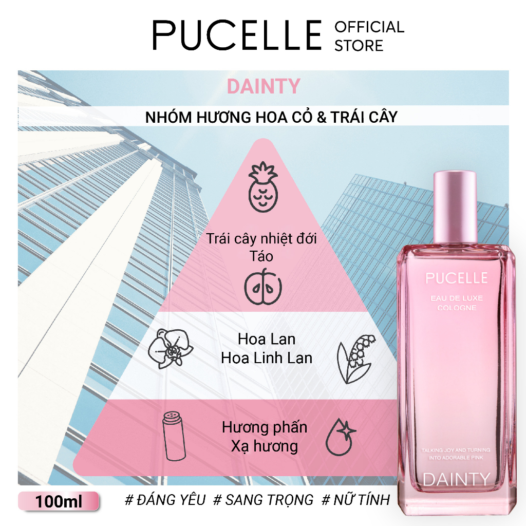 Nước hoa sang trọng nữ tính PUCELLE Eau De Luxe Cologne Dainty 100ml hương Hoa Cỏ và Trái Cây