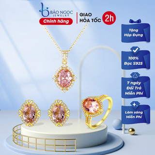 Bộ trang sức bạc nữ xi vàng 18k cao cấp 3 món bạc không rỉ đính đá sapphire hồng nhân tạo - BDM2317 - Bảo Ngọc Jewelry