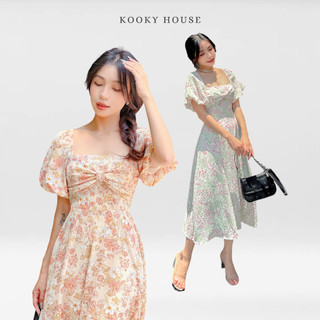 KOOKY HOUSE - ĐẦM FIONA DRESS - Đầm hoa dáng dài thiết kế cổ vuông nơ trước ngực xinh xắn