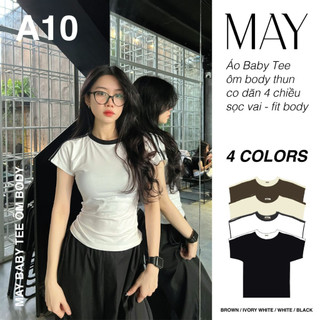 A10 - Áo Baby Tee Ôm Body Thun Co Dãn 4 Chiều Sọc Vai - Form Fit Body - Đen / Trắng / Trắng Ngà / Nâu