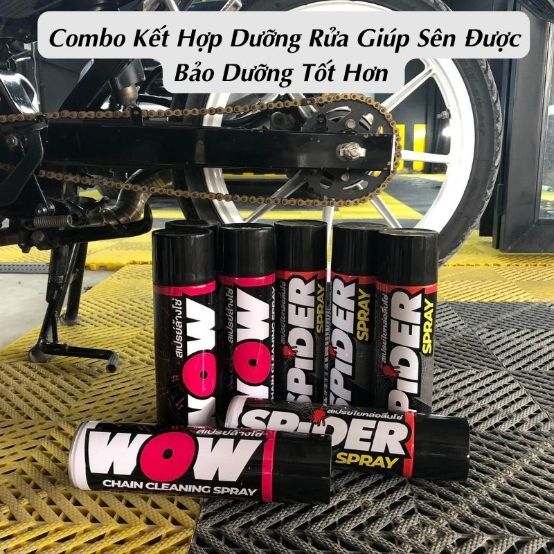Combo Vệ Sinh Sên, Bôi Trơn Dưỡng Sên SPIDER Spray, Rửa Sên WOW và bàn chải sên chuyên nghiệp