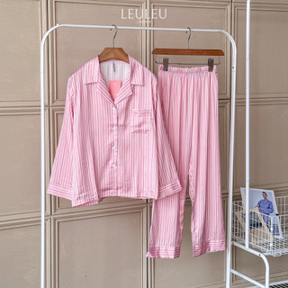 Pyjamas lụa cao cấp áo dài quần dài kẻ sọc hồng leuleu.lingerie