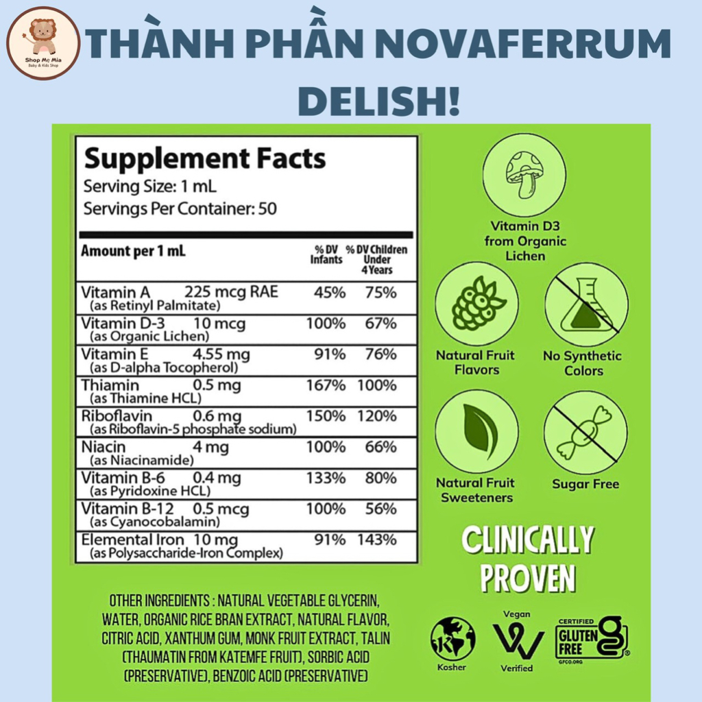 Vitamin Tổng Hợp Multivitamin Novaferrum Yum/Delish bổ sung Sắt & D3 cho bé từ sơ sinh