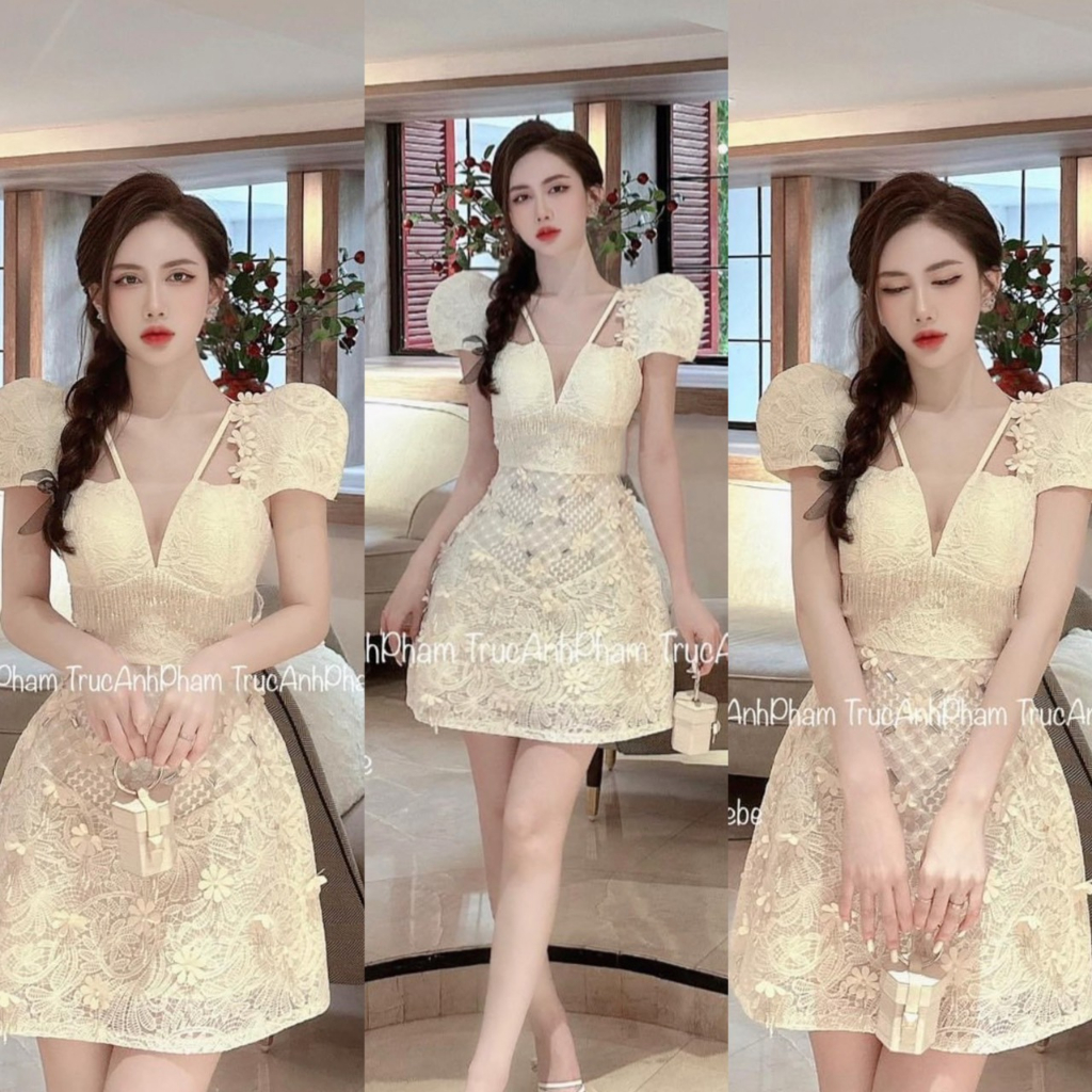 VÁY REN XÒE PHỐI TUA RUA HOA NỔI TAY BỒNG CỔ ĐÍNH LƯỚI 300823