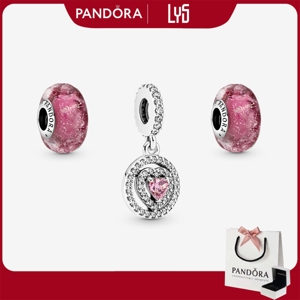Bộ Trang Sức bạc S925 Charm Thủy Tinh Hồng Và Charm Đính Đá Hình Trái Tim Hồng Tình Yêu