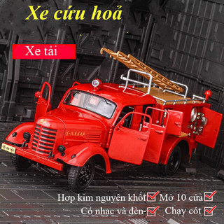 Đồ chơi mô hình xe cứu hoả bằng hợp kim nguyên khối có nhạc và đèn chạy cót mở được 10 cửa kèm thang
