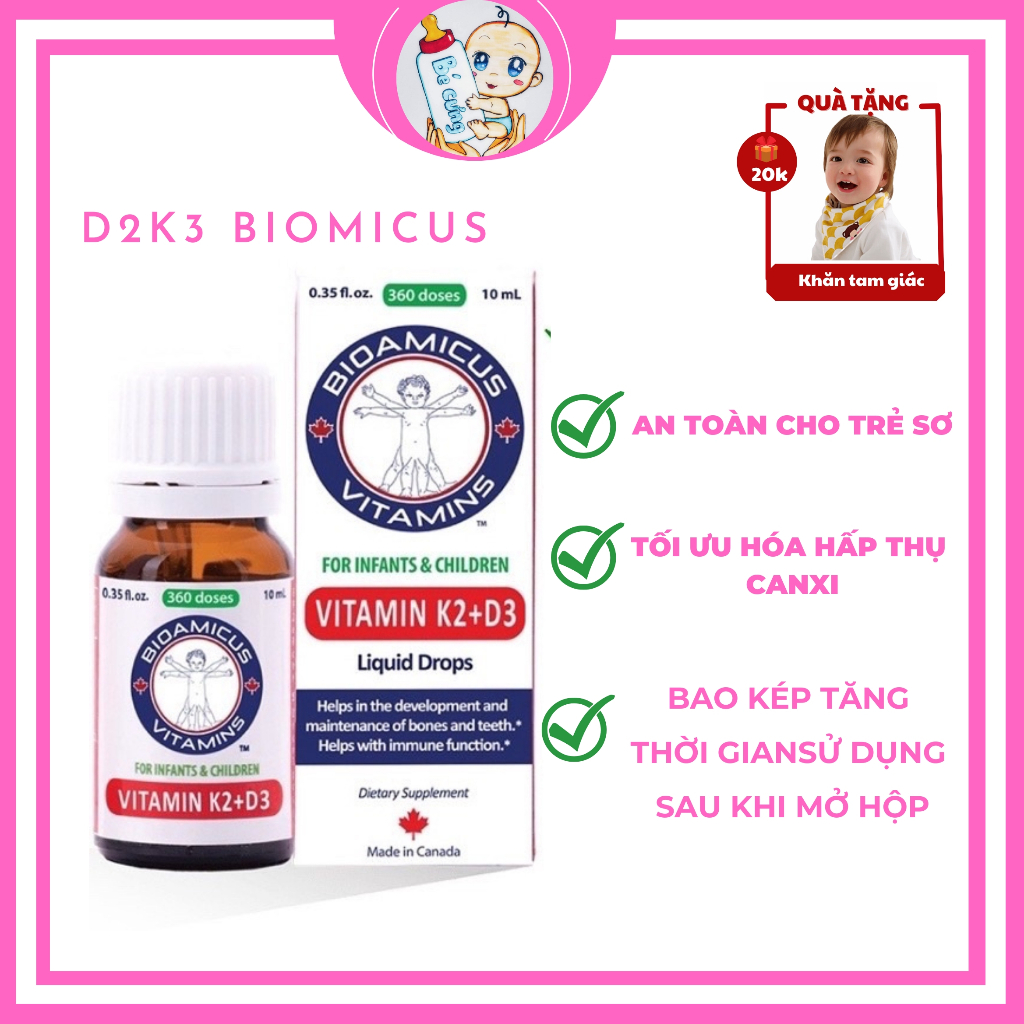 vitamin d3 k2,  vitamin d3 k2 mk7 BioAmicus tăng cường haaso thu canxi chống còi xương sử dụng cho trẻ sơ sinh bé cưng