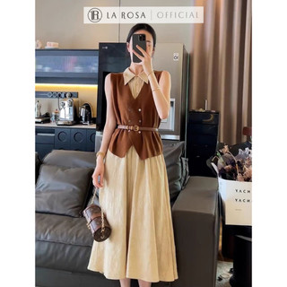 Váy Sơ Mi Khoét Vai Dáng Dài Kèm Áo Gile Phối Đai LAROSA Chất vải tằm, Áo Ngoài Chất Trượt Nhật Cao Cấp Mềm Mịn S368