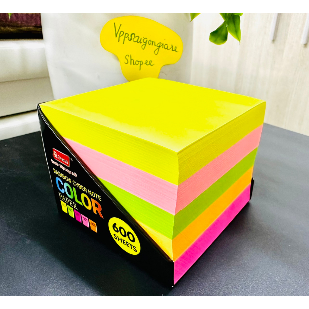 Cục Giấy Màu Giấy Note Không Keo 600 Tờ Màu Dạ Quang Grand 8516-Giấy Xếp Hình Origami