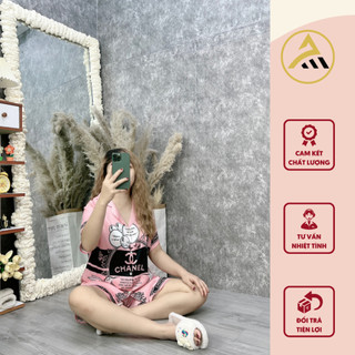 Bộ Đồ Ngủ Nữ Pijama ANH MỸ Lụa Mango Nền Hồng In Hình Nhân Vật Cực Đáng Yêu SP0044