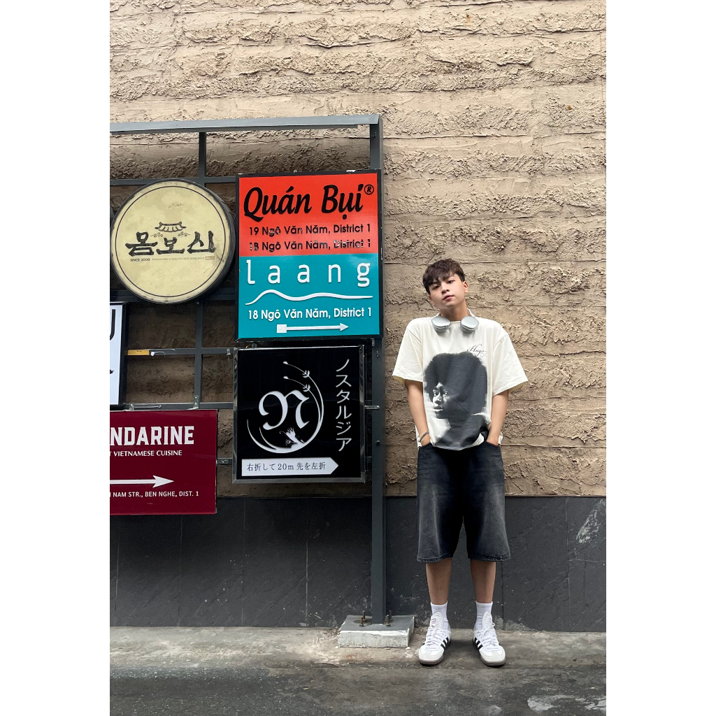 Áo thun unisex boxy local brand HUGU - PORTRAIT - cotton 2 chiều, form boxy, màu beige, in tram sắc nét