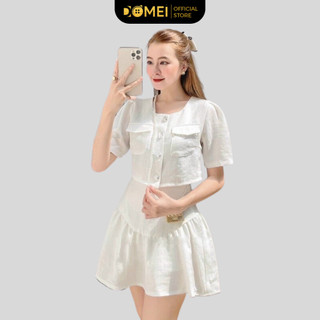 Set Váy Croptop DOMEI Dạ Chân Cáy Dáng Xoè Bồng Áo Có Túi Đi Chơi Đi Biển