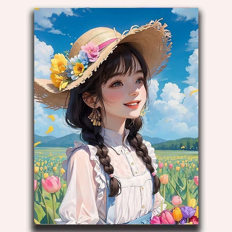 tranh số hoá gấu dâu phong cảnh,hoa tulip tranh tô màu size 20cm-khung căng sẵn