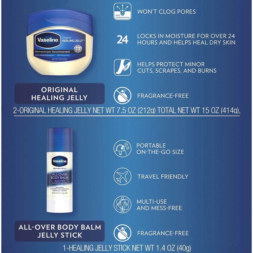 Set dưỡng mềm da Vaseline Original Jelly & All-Over Body Balm Bundle, 2 x 212g + 40g