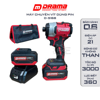Máy chuyên vít pin DRAMA D5168, Lực siết 360Nm, Động cơ Không chổi than