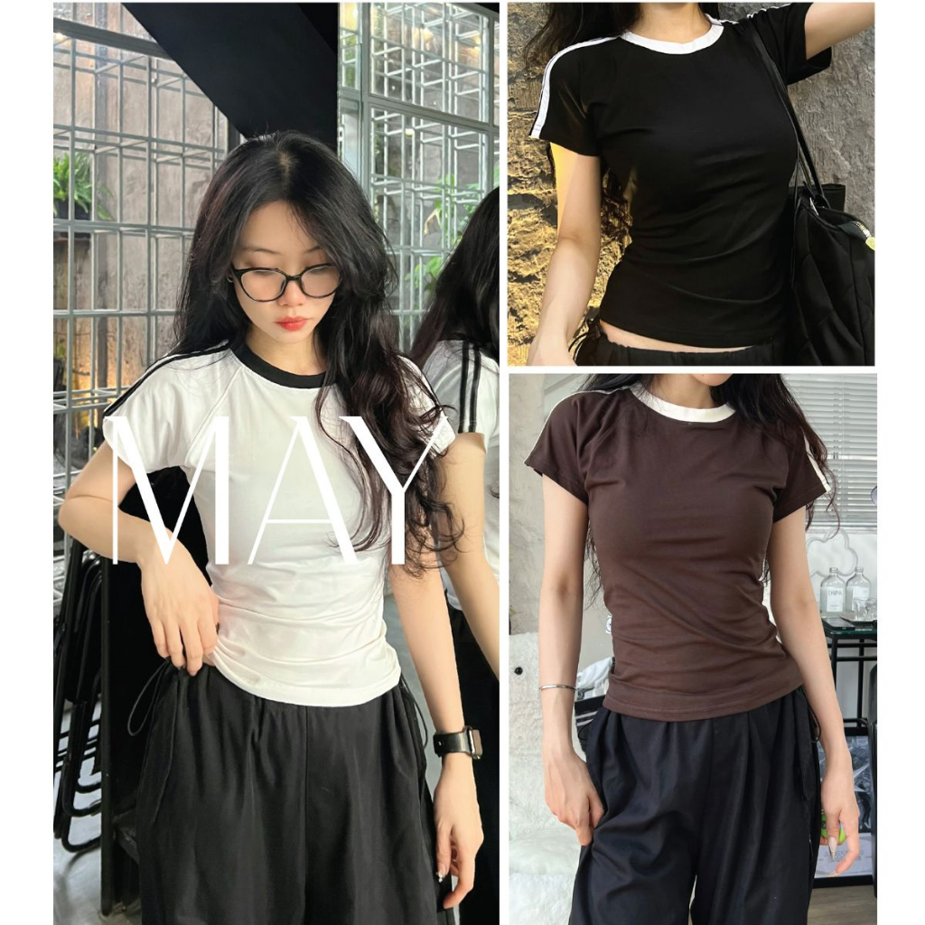 A10 - Áo Baby Tee Ôm Body Thun Co Dãn 4 Chiều Sọc Vai - Form Fit Body - Đen / Trắng / Trắng Ngà / Nâu