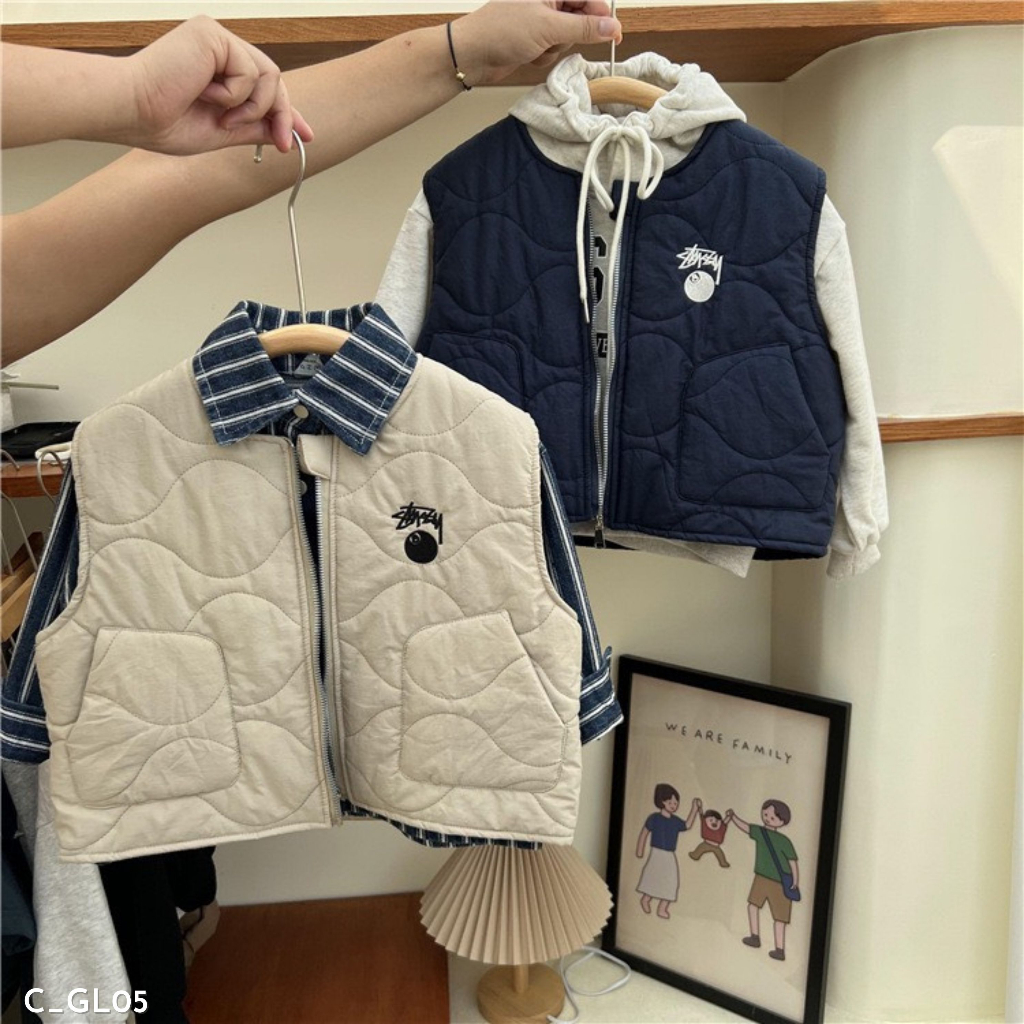 Áo gile phao thêu chữ cho bé trai, áo gile phao thu đông Embes Kids 11kg - 31kg