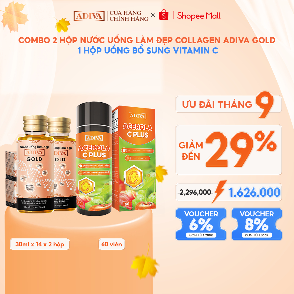 Combo 2 Hộp Nước Uống Làm Đẹp Collagen ADIVA Gold (14 Chai/Hộp) Tặng Viên Uống Bổ Sung Vitamin C Acerola C Plus 60 Viên