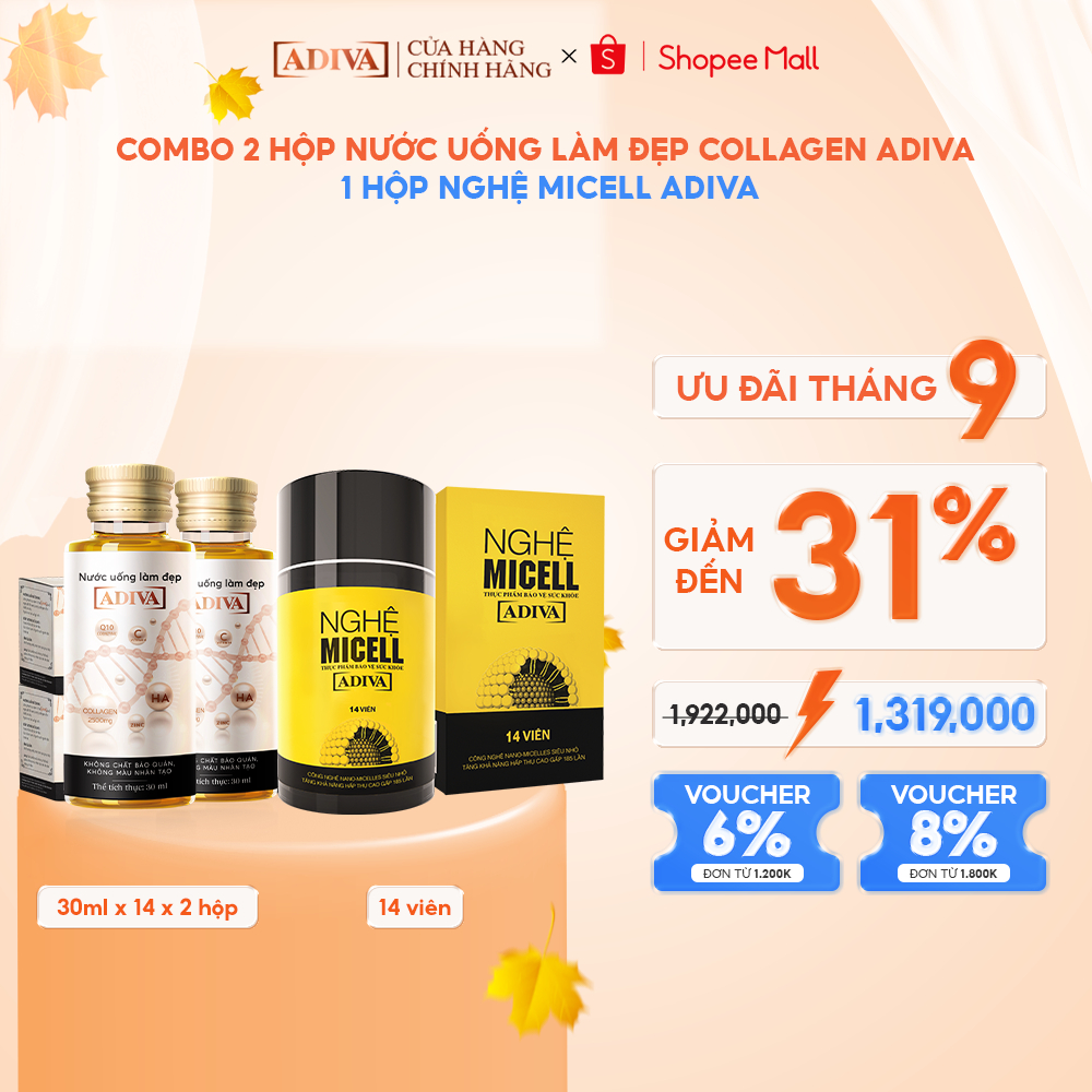 Combo 2 Hộp Nước Uống Làm Đẹp Collagen ADIVA (14 Chai/Hộp) Tặng 1 Hộp Nghệ Micell ADIVA 14 Viên