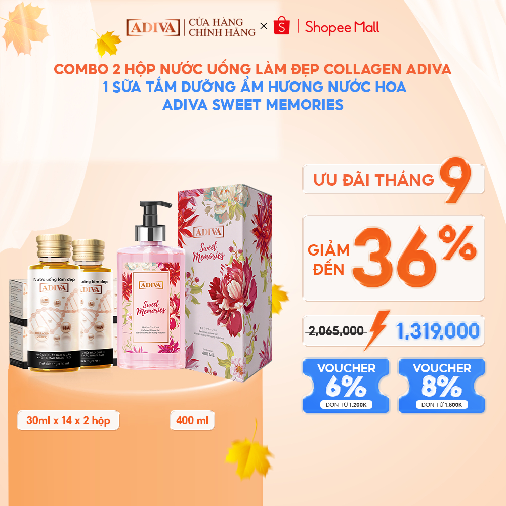 Combo 2 Hộp Nước Uống Làm Đẹp Collagen ADIVA (14 Chai/Hộp) Tặng 1 Sữa Tắm ADIVA Sweet Memories 400ml