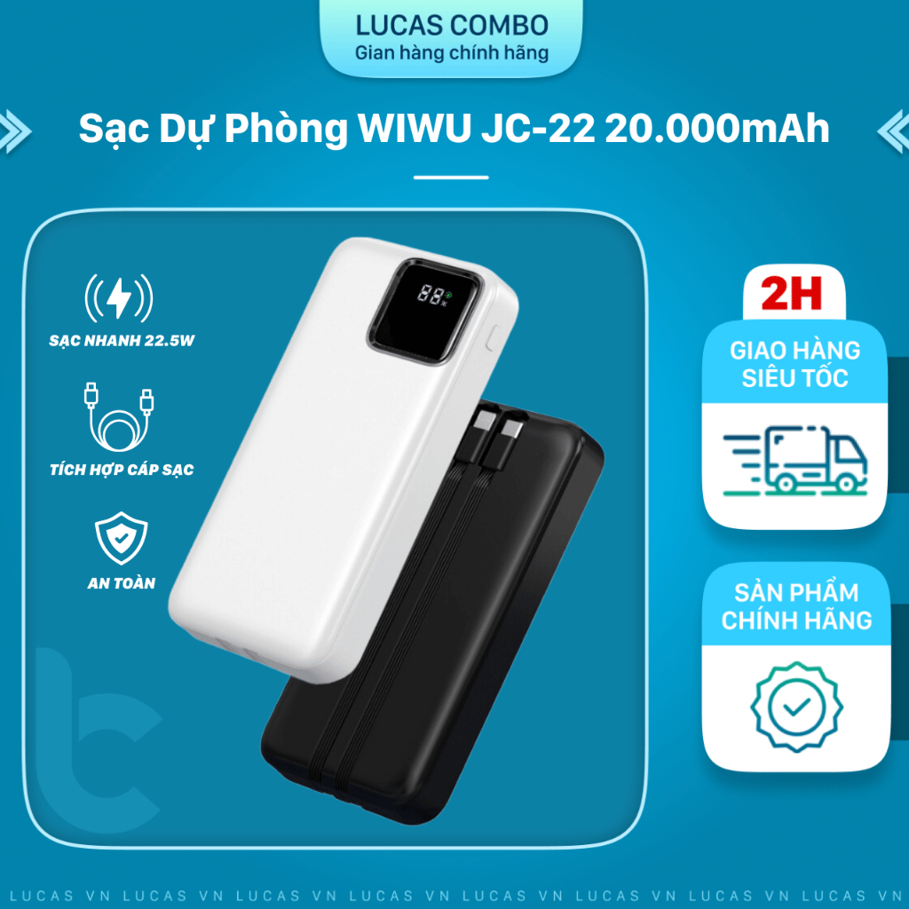 Pin Sạc Dự Phòng WIWU JC-22 20.000mAh Tích Hợp 2 Cáp Sạc, Sạc Nhanh 22.5W, Sạc 4 Thiết Bị, Màn LED Hiển Thị Pin