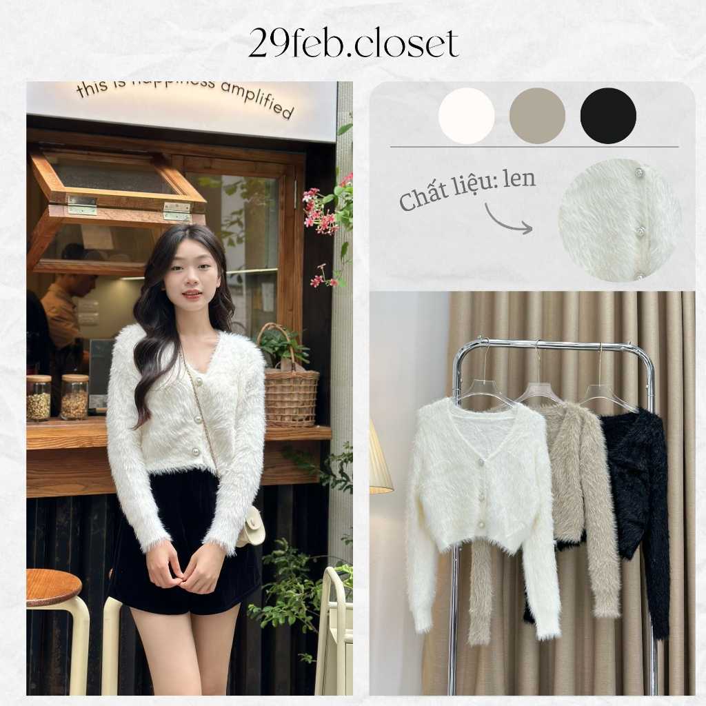 29feb.closet Áo cardigan len nữ croptop lông ngắn cúc ngọc thời trang thu đông - A311