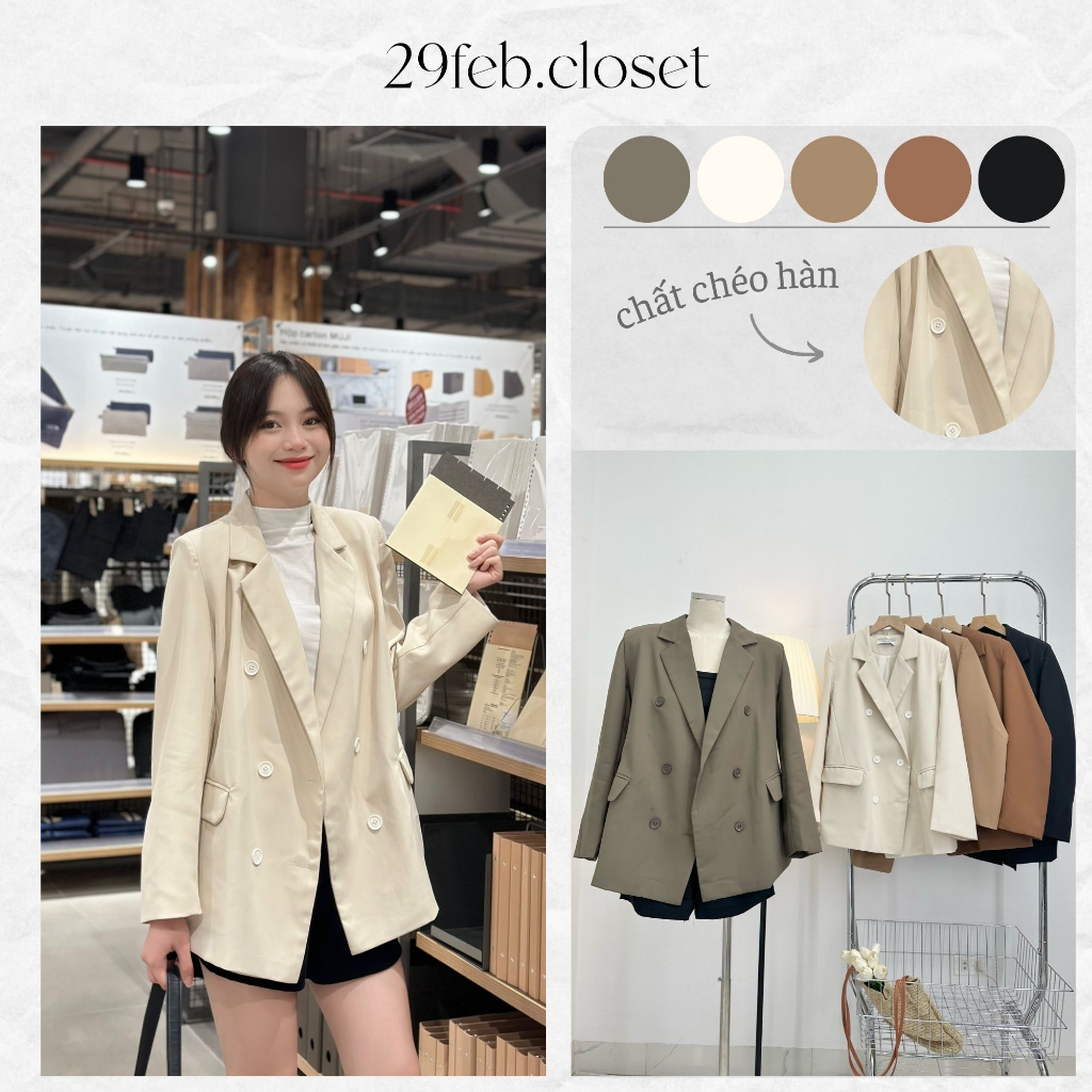 Áo blazer nữ cúc nhựa 29feb.closet vest khoác ngoài 2 lớp dài tay mùa thu đông - A302