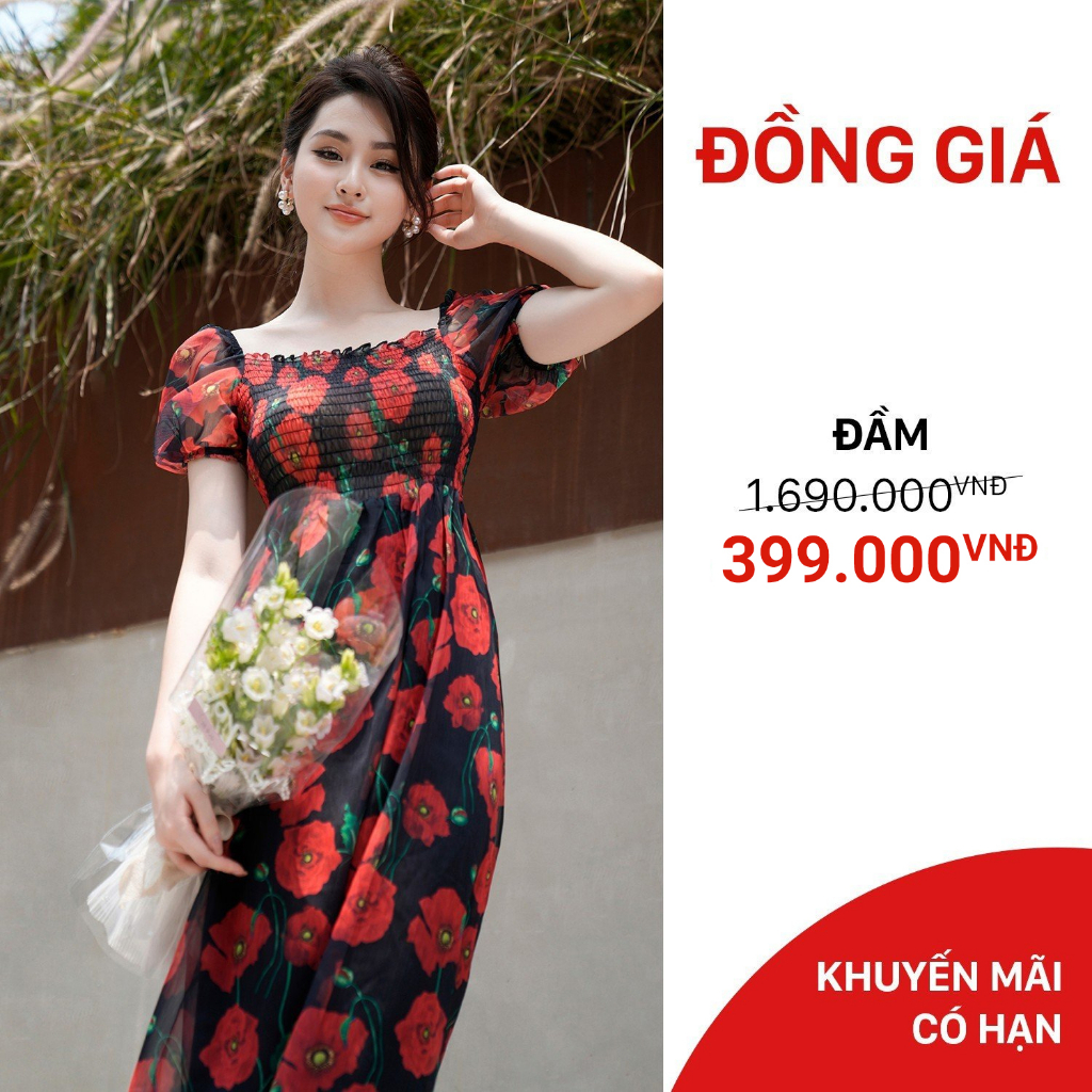 D56LA - Đầm chun thân hoa đỏ nền đen