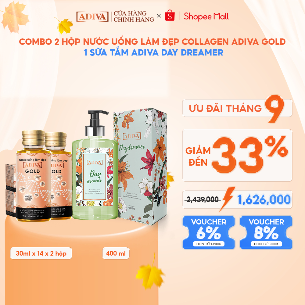 Combo 2 Hộp Nước Uống Làm Đẹp Collagen ADIVA Gold (14 Chai/Hộp) Tặng 1 Sữa Tắm ADIVA Day Dreamer 400ml