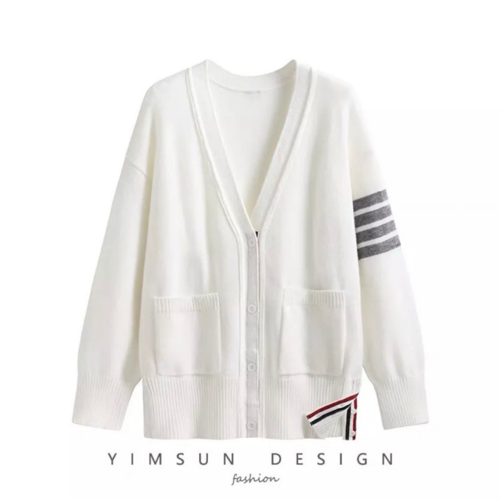 Áo Khoác Cardigan Thome Chất Len Gân Dày Dặn - Áo Khoác Cardigan 4 Sọc Kẻ Tay Phong Cách Hàn Quốc