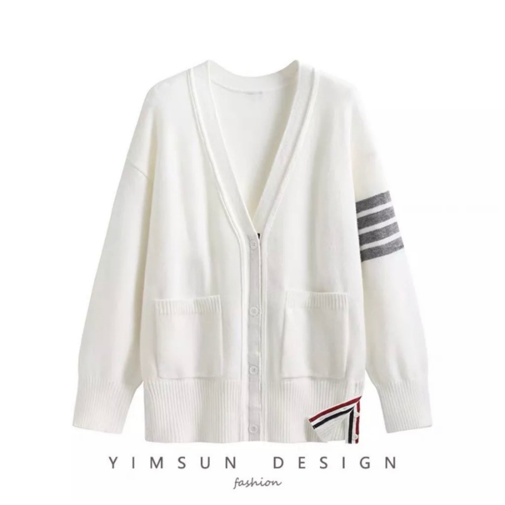 Áo Khoác Cardigan Thome Chất Len Gân Dày Dặn - Áo Khoác Cardigan 4 Sọc Kẻ Tay Phong Cách Hàn Quốc