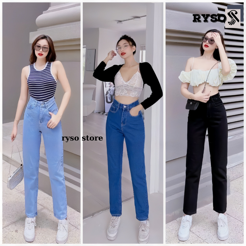 Quần jean nữ baggy cạp lưng cao chất jean bò dày dặn (Nhiều màu, có Bigsize) , Quần baggy Simple jean RYSO STORE
