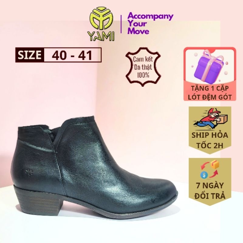 Giày Boot Nữ Big Size, Boot Da Gót Vuông 5 Phân Cổ Thấp Mũi Tròn Màu Đen Size 40 - 41, Bốt Nữ Hàng Hiệu Xuất Dư - YAMI