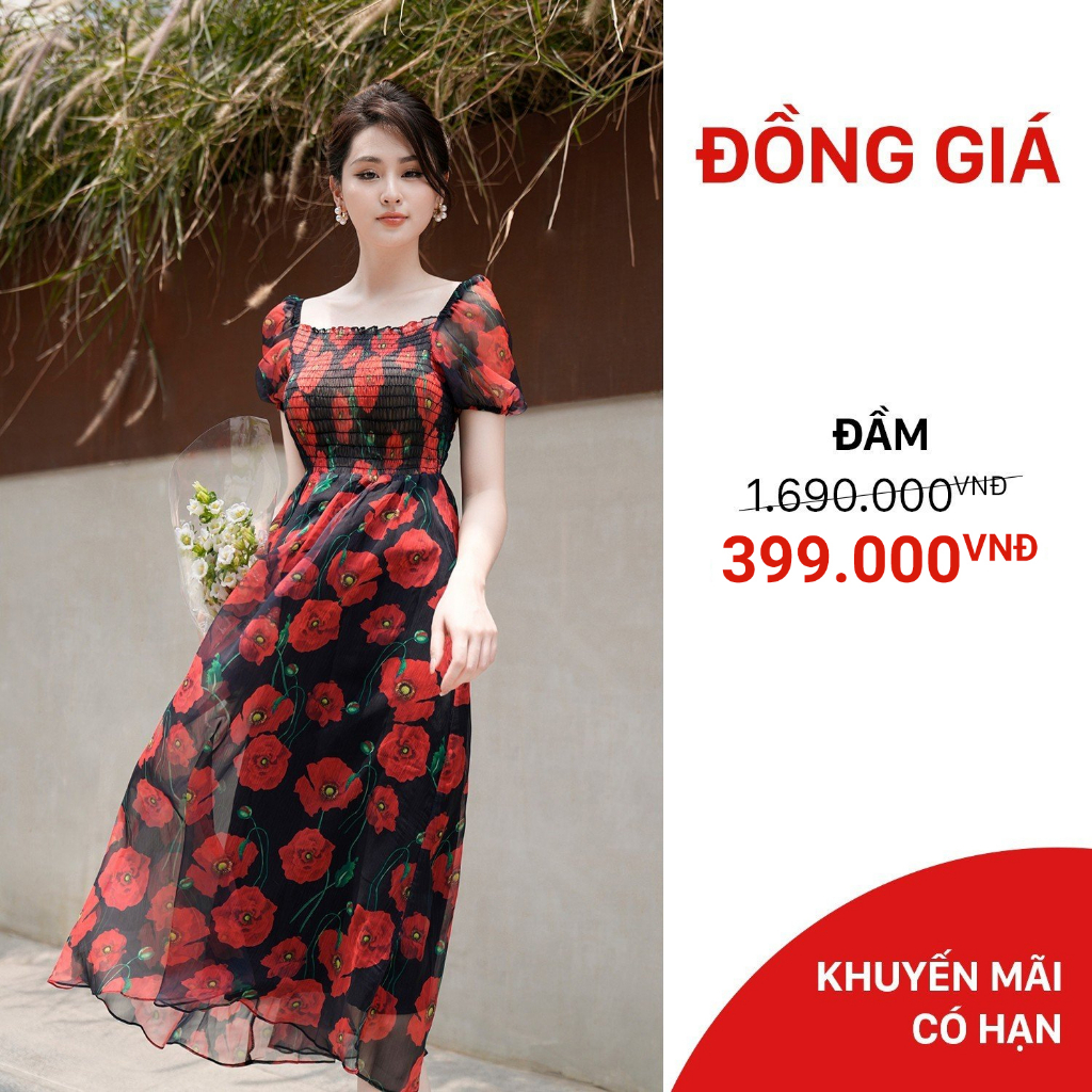 D56LA - Đầm chun thân hoa đỏ nền đen
