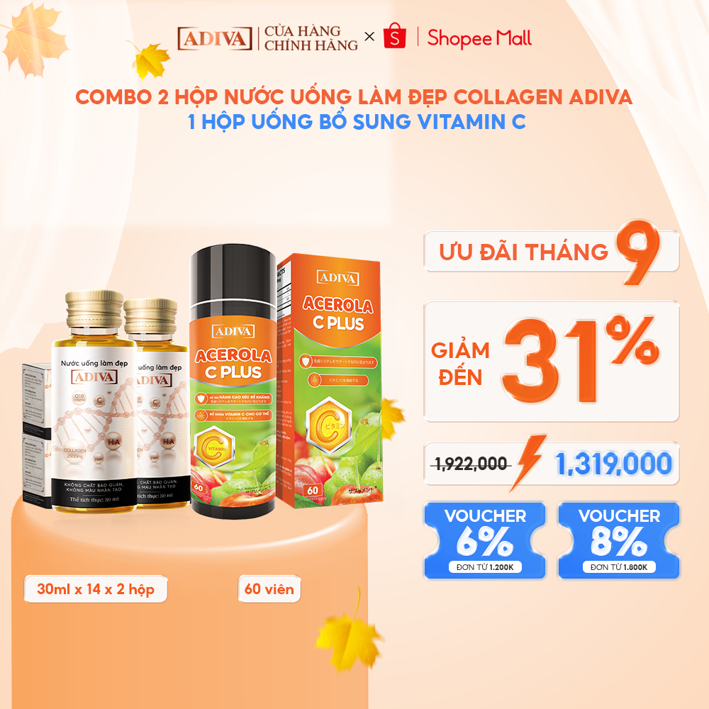 Combo 2 Hộp Nước Uống Làm Đẹp Collagen ADIVA (14 Chai/Hộp) + Viên Uống Bổ Sung Vitamin C ADIVA Acerola C Plus 60 Viên