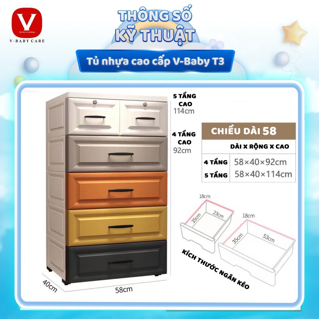 [ XẢ KHO ] Tủ nhựa cao cấp V-BABY nhiều tầng T3 phong cách Châu Âu, nhiều màu nhiều kích thước