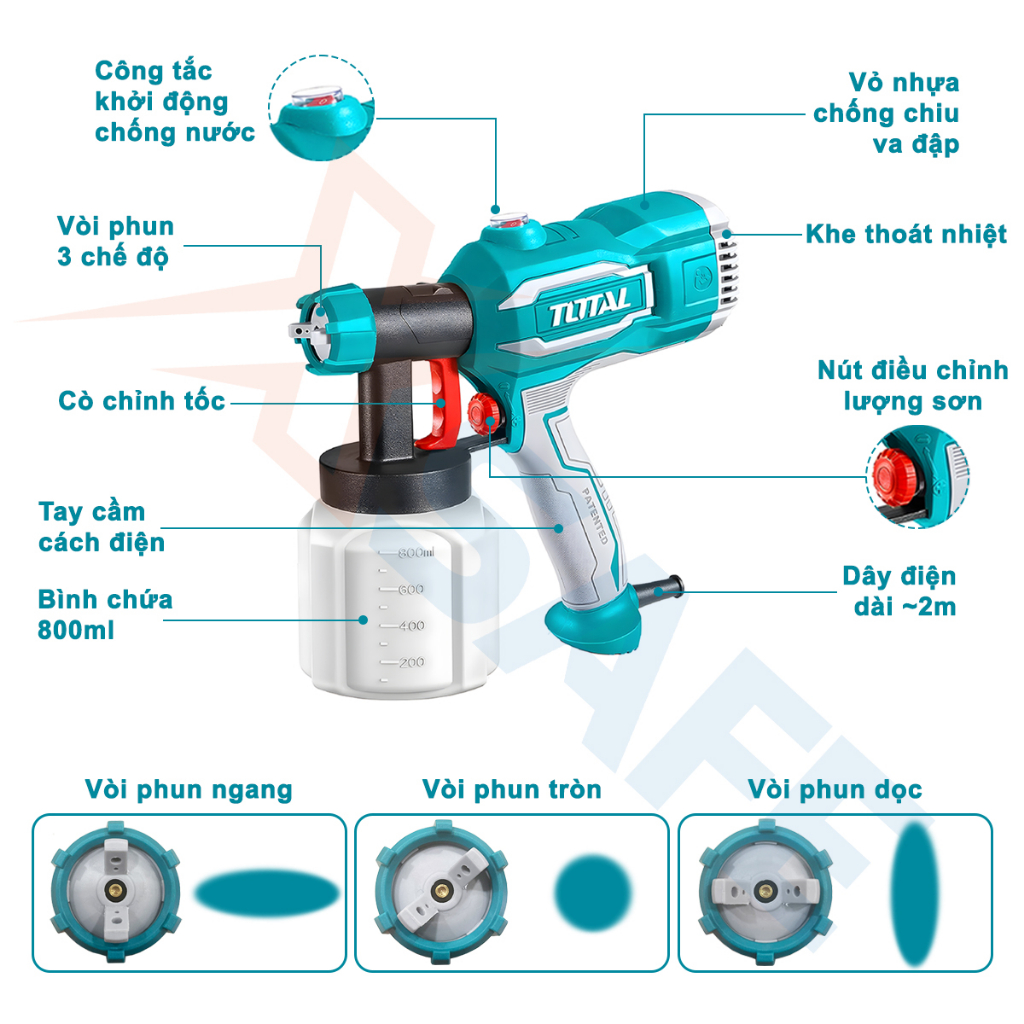 Máy phun sơn dùng điện TOTAL TT3506 Súng phun sơn 220-240V, công suất 450W, lưu lượng tối đa 380ml/phút - Chính hãng