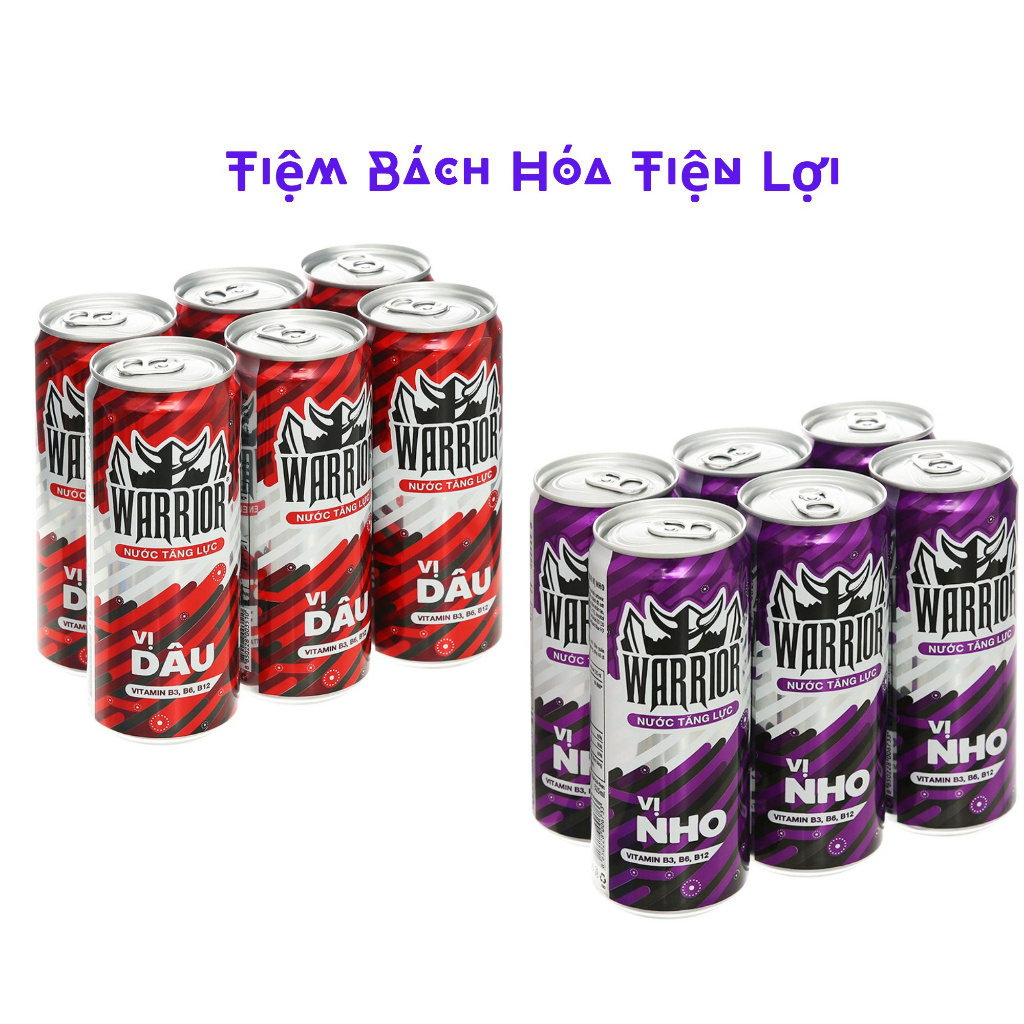 Lốc 6 lon nước tăng lực Warrior Thái Lan vị dâu - vị nho 325ml