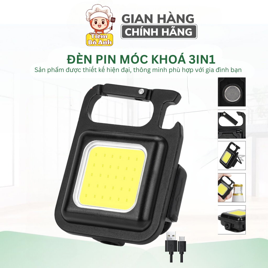 Đèn led mini cob móc khóa siêu sáng đa năng, dụng cụ mở lắp bia, sạc usb tiện dụng, bảo hành 12 tháng