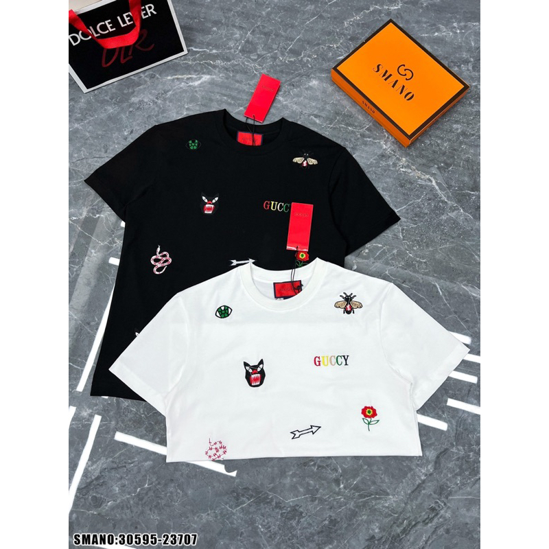 Áo thun thêu ong rắn GC hoạ tiết dệt 3D cao cấp,áo phông GC thêu hình ong rắn mũi tên đơn giản