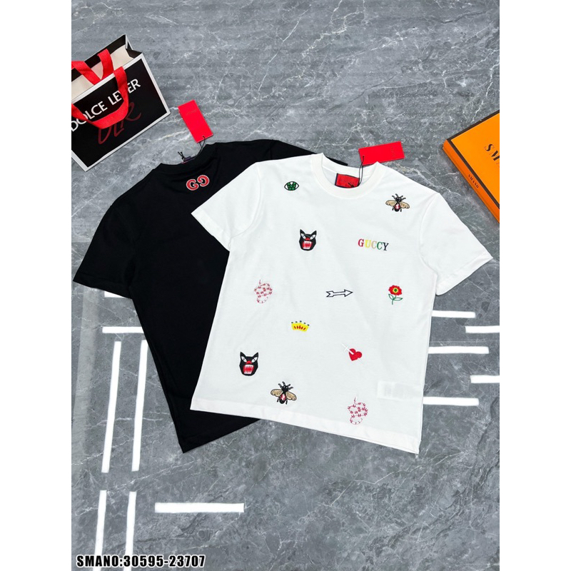 Áo thun thêu ong rắn GC hoạ tiết dệt 3D cao cấp,áo phông GC thêu hình ong rắn mũi tên đơn giản