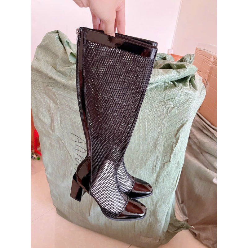 Bốt lưới đùi mũi da đế cao 7cm siêu đẹp 2 màu